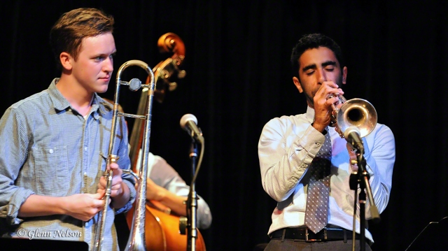 Andy Clausen (left) looks on as Riley Mulherkar takes a solo on trumpet at the Royal Room.